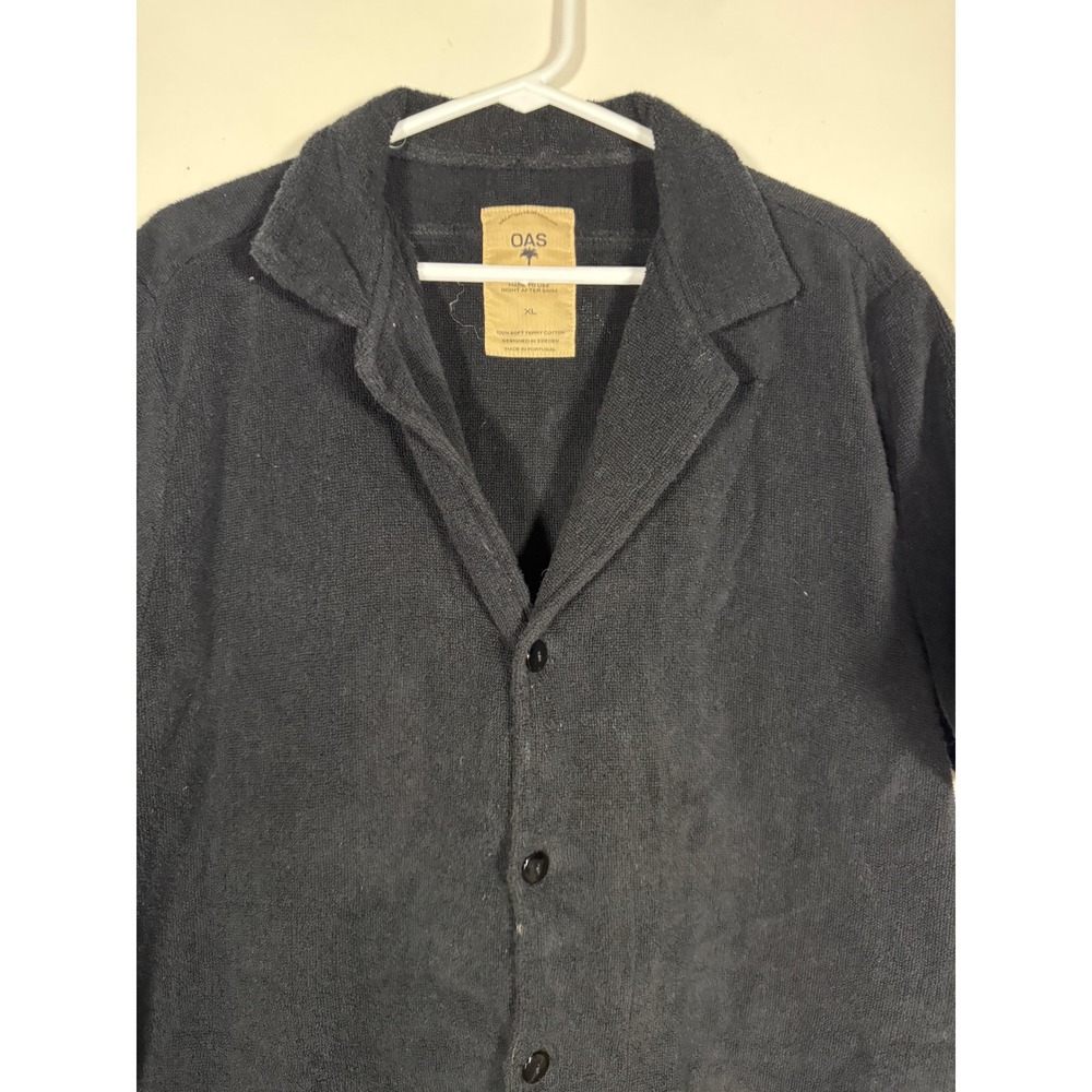 OAS Terry Shirt Mens XL Black Short Sleeve Cotton Terry Cloth Camp Collar Button